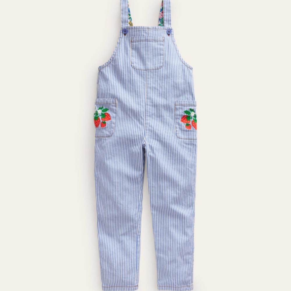 Mini Boden blue and white striped strawberry overalls/ dungarees